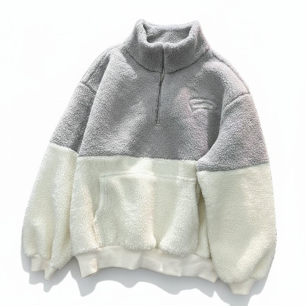 Casual Grey And White Quatre Zip Sherpa Fleece