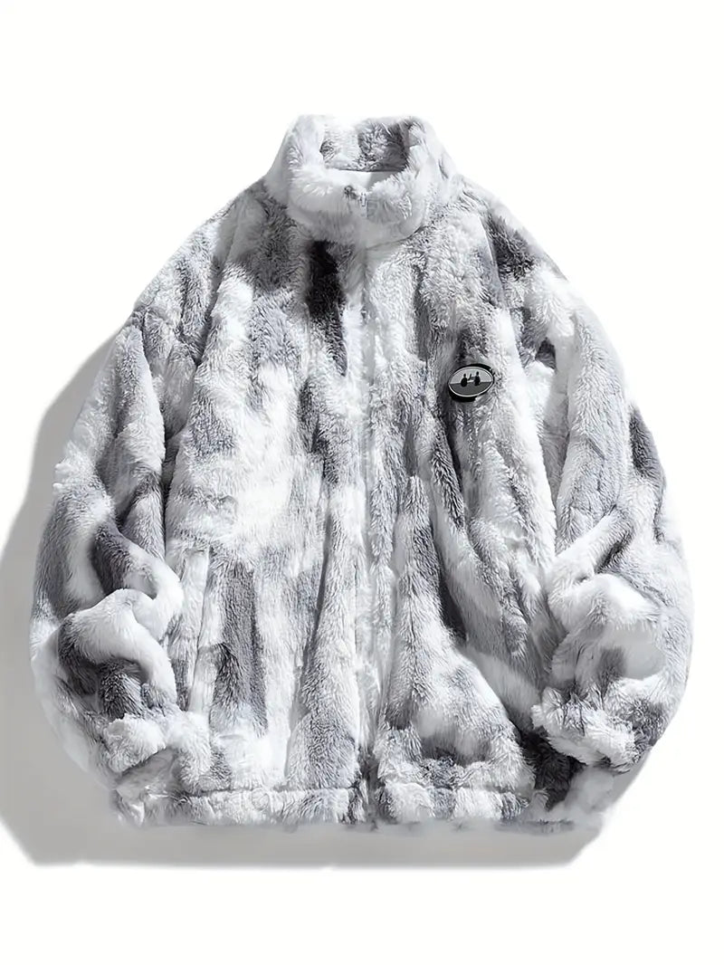 Grey Tie Die Zip UP Sherpa Jacket