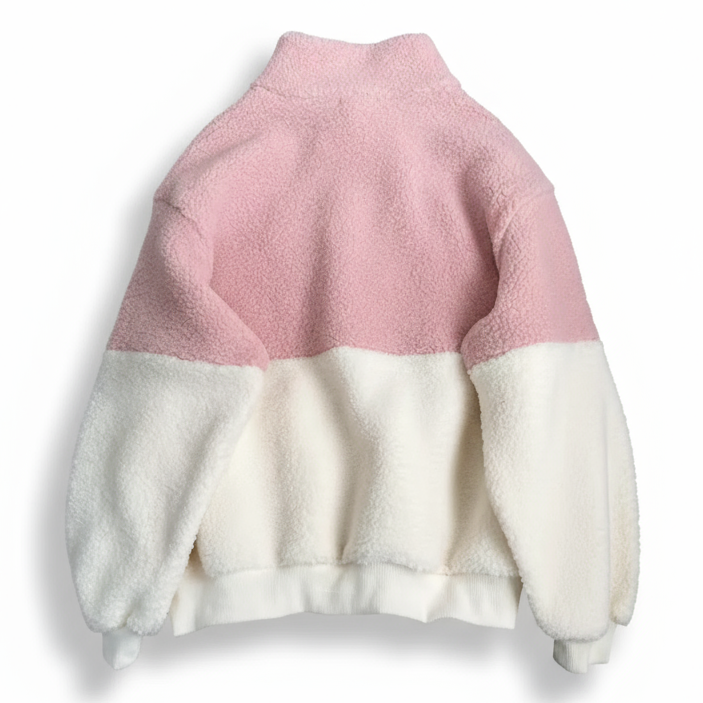 Pink And White Casual Quatre Zip Sherpa Fleece