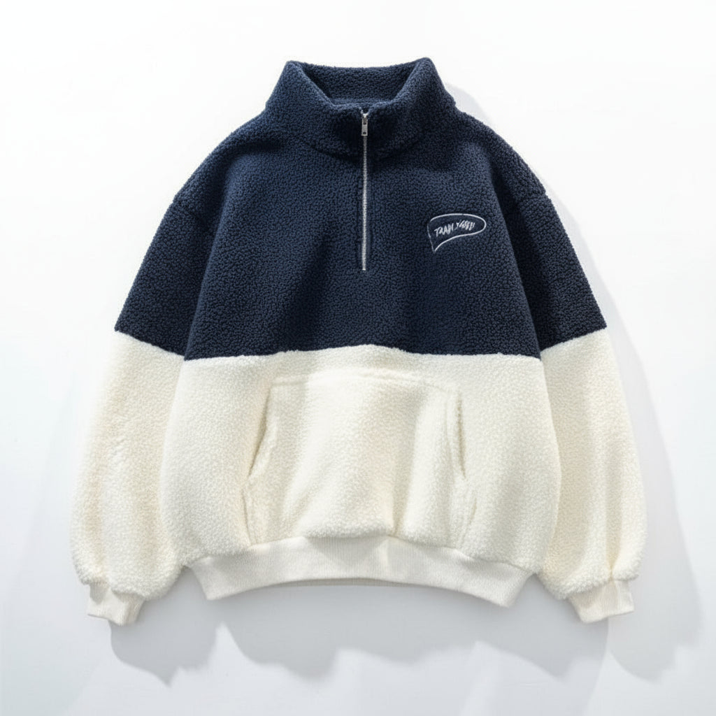 Blue And White Casual Quatre Zip Sherpa Fleece