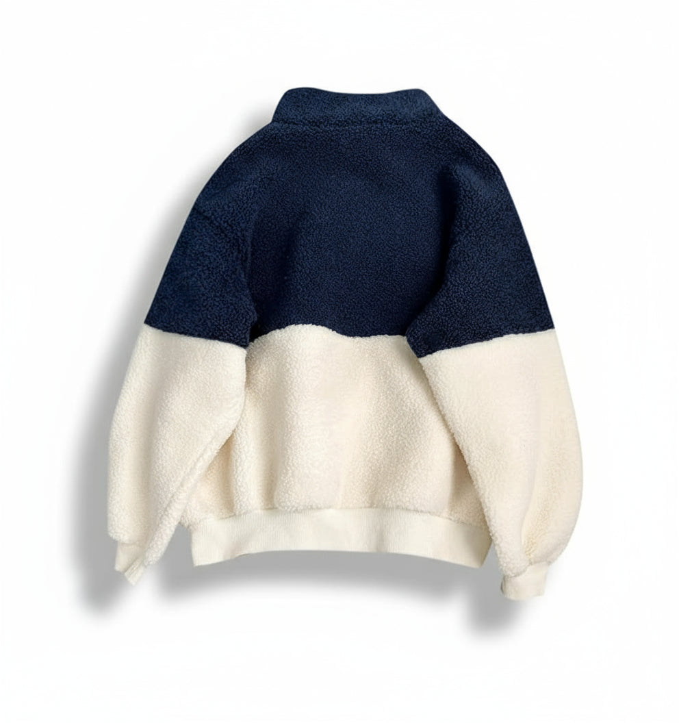 Blue And White Casual Quatre Zip Sherpa Fleece