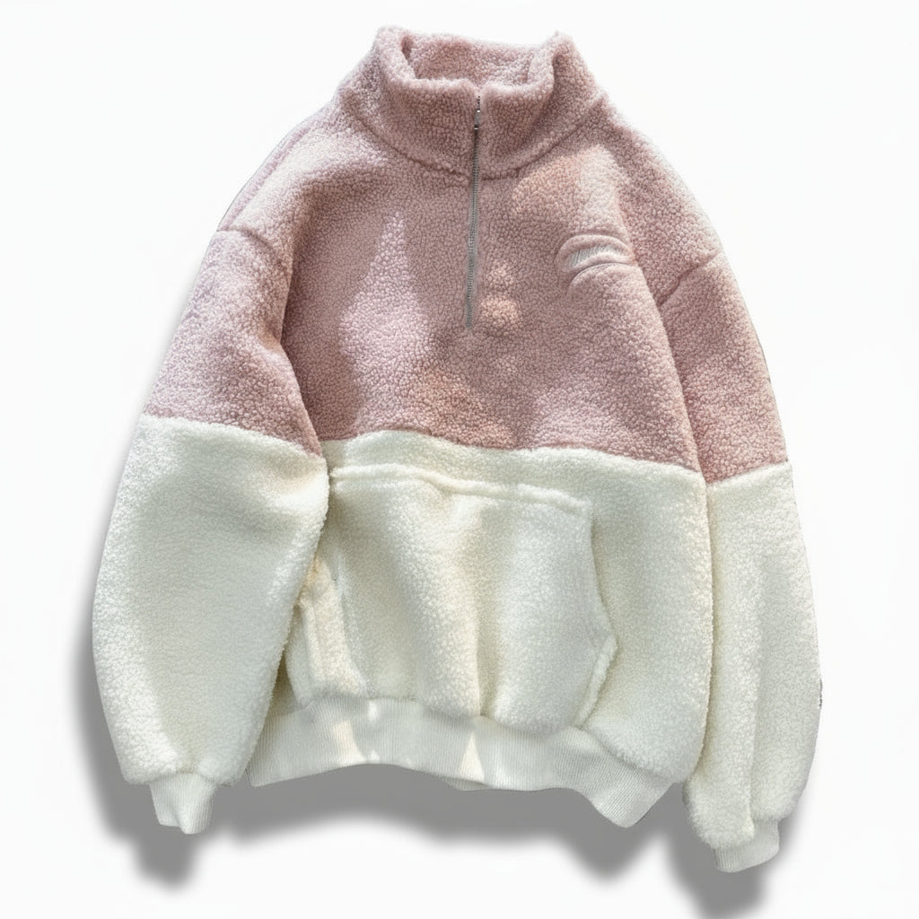 Pink And White Casual Quatre Zip Sherpa Fleece